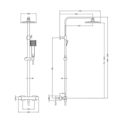 [BSTK886] Swinscoe Square Thermostatic Shower Kit with Fixed Head & Adjustable Handset - Multiple Colours Available - Technical Drawing