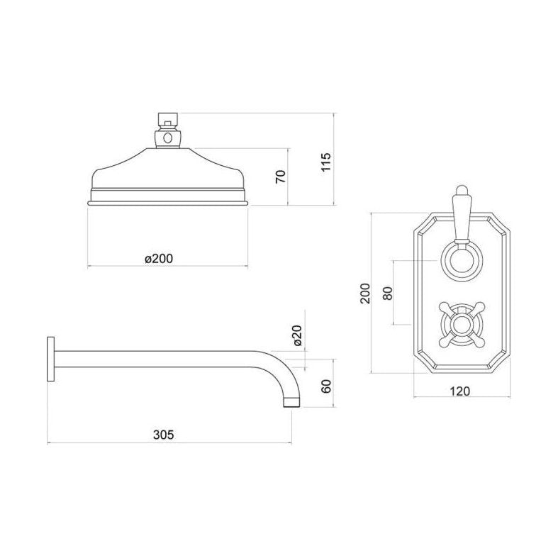 [BSTSS105] Traditional Thermostatic Shower Set with Valve, Shower Head and Arm - Technical Drawing
