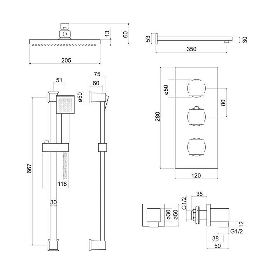 [BSTSS203] Raffa Conc Thermo Shower Set BLK - Technical Drawing