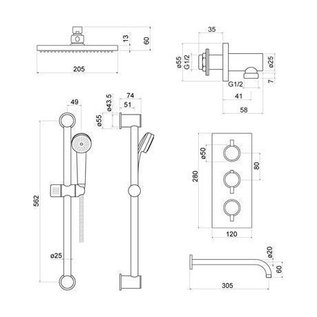 [BSTSS501] Nalor Conc Thermo Shower Set BLK - Technical Drawing