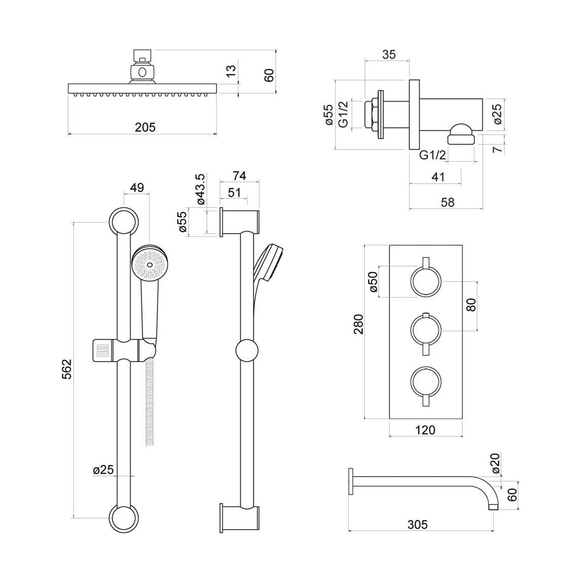 [BSTSS502] Nalor Conc Thermo Shower Set BG - Technical Drawing