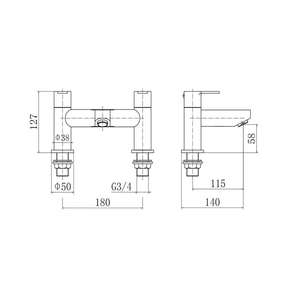 [BT9004] Modern Bathroom Round Deck Mounted Bath Filler Tap - Choice of Colour - Technical Drawing