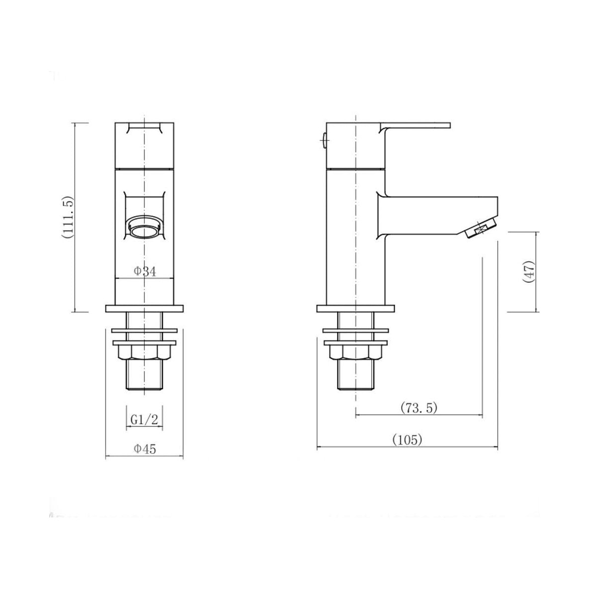 [BT9006BL] Modern Bathroom Round Basin Pillar Taps (Pair) - Black - Technical Drawing