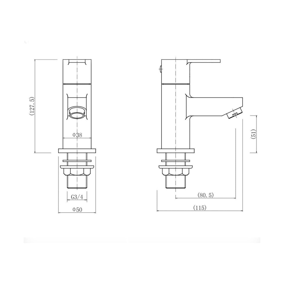 [BT9007BL] Modern Bathroom Round Bath Pillar Taps (Pair) - Black - Technical Drawing