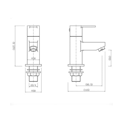 [BT9007BL] Modern Bathroom Round Bath Pillar Taps (Pair) - Black - Technical Drawing