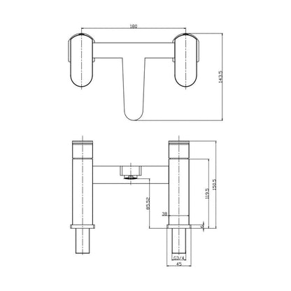 [BT9020] Modern Bathroom Soft Square Deck Mounted Bath Filler Tap - Chrome - Technical Drawing