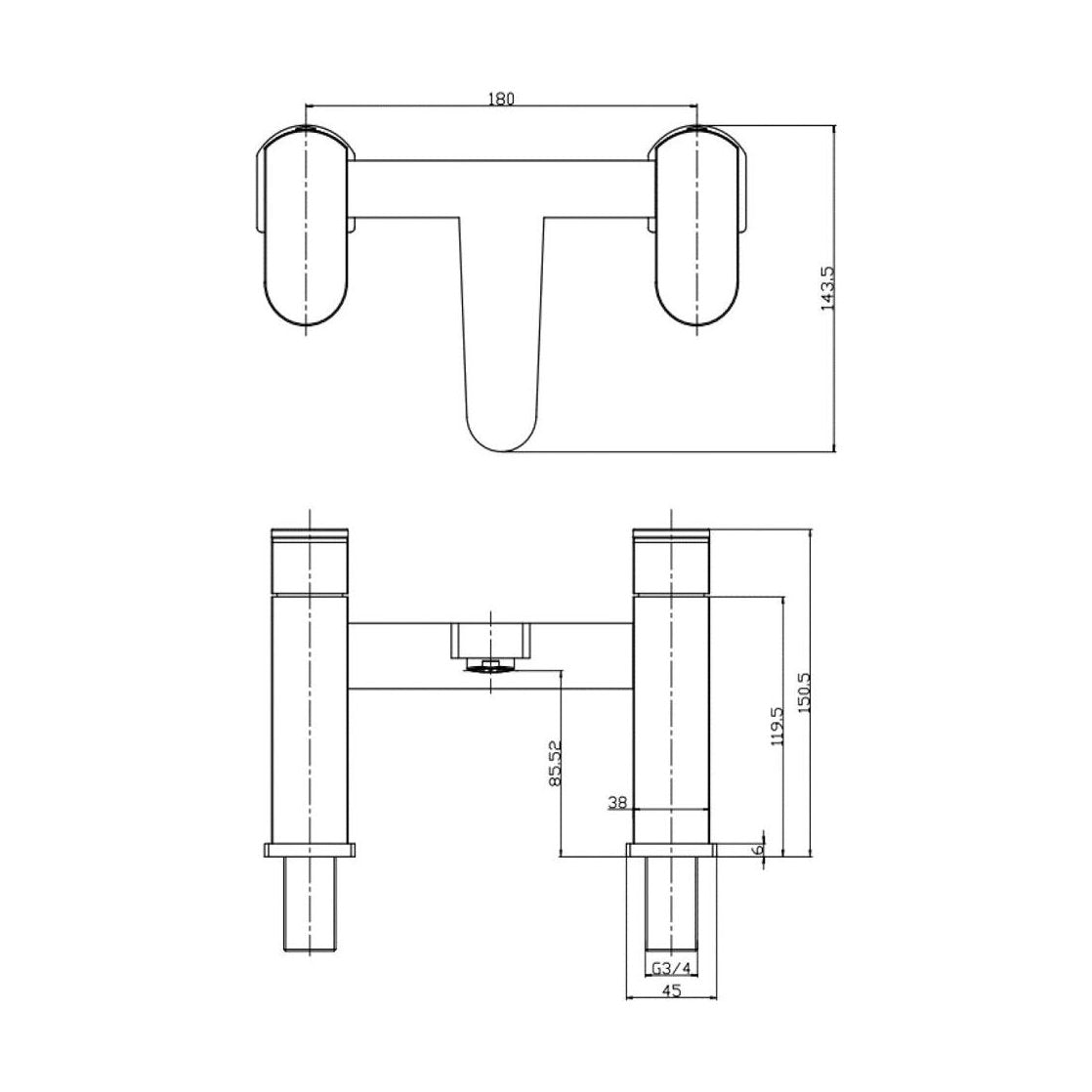 [BT9021] Modern Bathroom Soft Square Deck Mounted Bath Shower Mixer Tap - Chrome - Technical Drawing