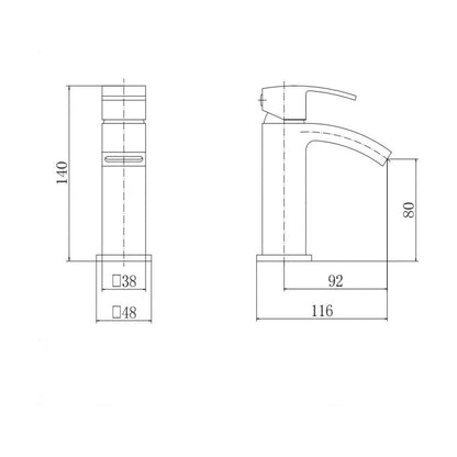 [BT9041BL] Contemporary Bathroom Mini Basin Tap – Square Lever, 133.5 x 48mm, Black - Technical Drawing