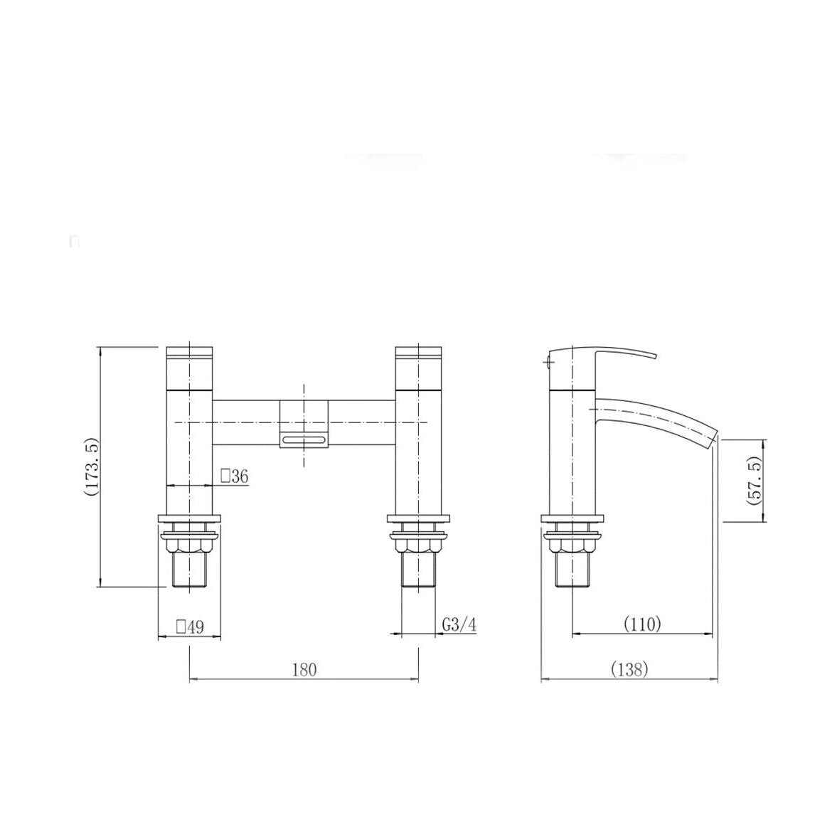 [BT9044] Contemporary Bathroom Curved Spout Deck Mounted Bath Filler Tap - Chrome - Technical Drawing