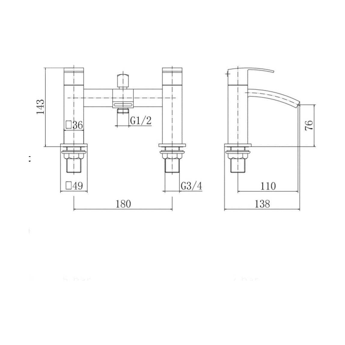 [BT9045] Contemporary Bathroom Curved Spout Deck Mounted Bath Shower Mixer Tap with Kit - Technical Drawing