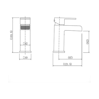 [BT9082] Modern Bathroom Square Waterfall Mono Basin Mixer Tap with Waste - Chrome - Technical Drawing