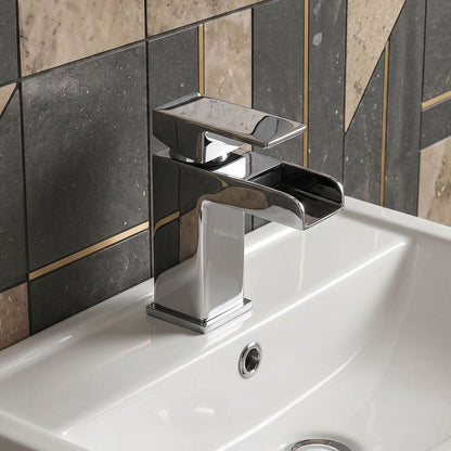 [BT9082] Modern Bathroom Square Waterfall Mono Basin Mixer Tap with Waste - Chrome - Silo