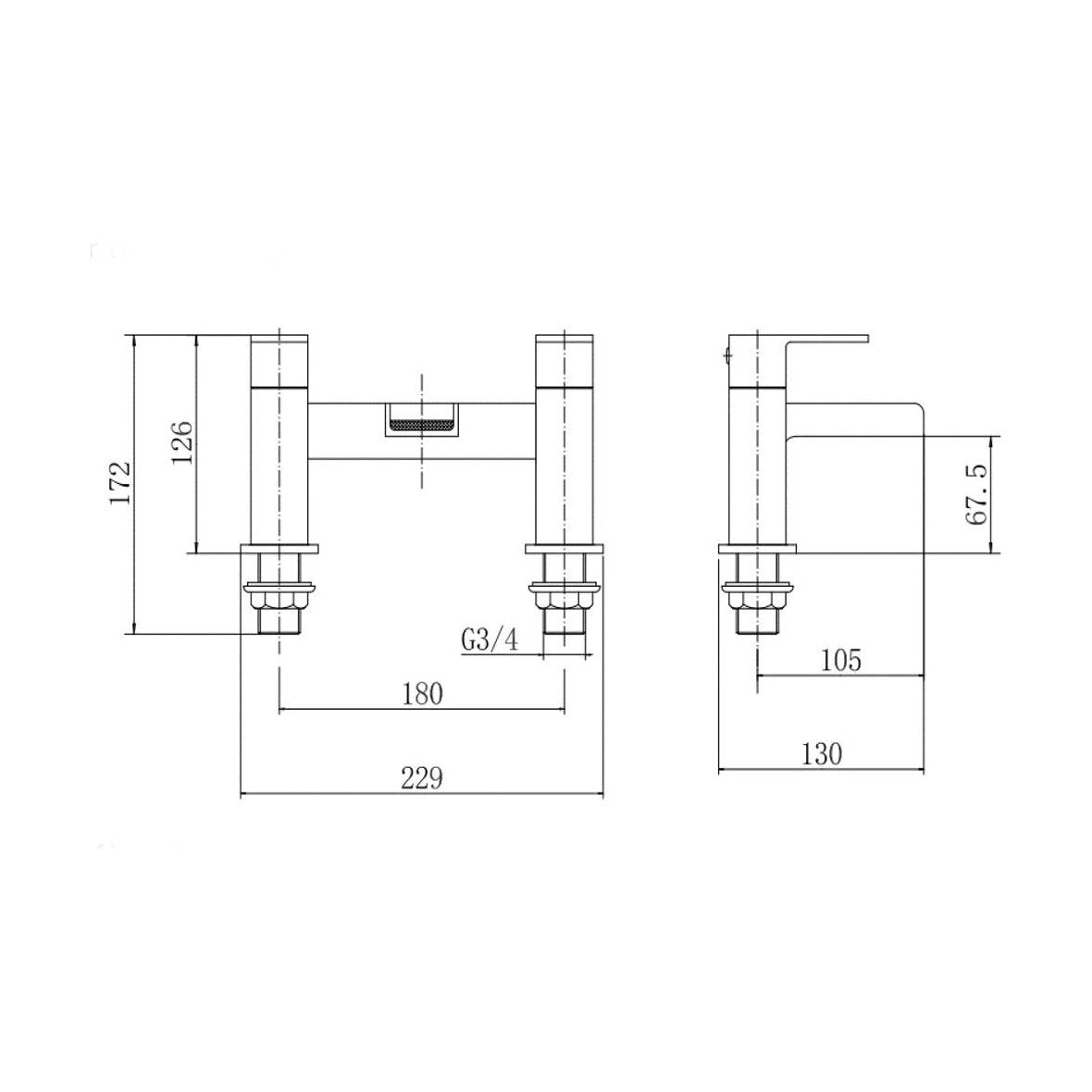 [BT9084] Modern Bathroom Square Waterfall Deck Mounted Bath Filler Tap - Chrome - Technical Drawing