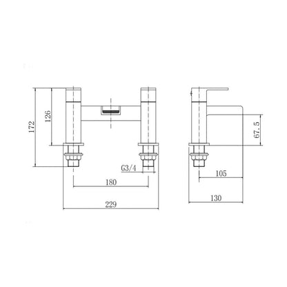 [BT9084] Modern Bathroom Square Waterfall Deck Mounted Bath Filler Tap - Chrome - Technical Drawing