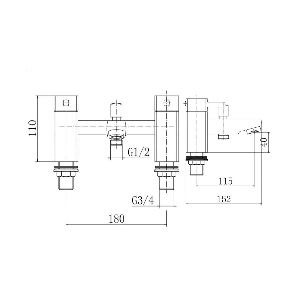 [BT9100] Contemporary Bathroom Square Deck Mounted Bath Shower Mixer Tap with Kit - Chrome - Technical Drawing