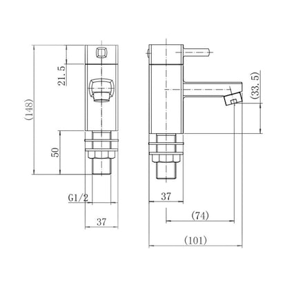 [BT9101] Contemporary Bathroom Square Basin Pillar Taps - Chrome - Technical Drawing
