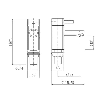 [BT9102] Contemporary Bathroom Square Bath Pillar Taps - Chrome - Technical Drawing