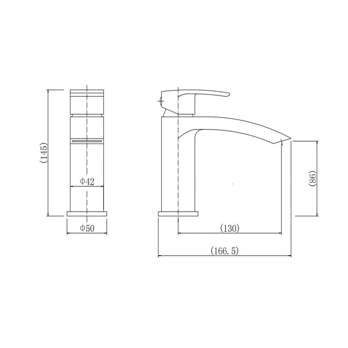 [BT9105BL] Modern Bathroom Curved Spout Mono Basin Mixer Tap - Black - Technical Drawing