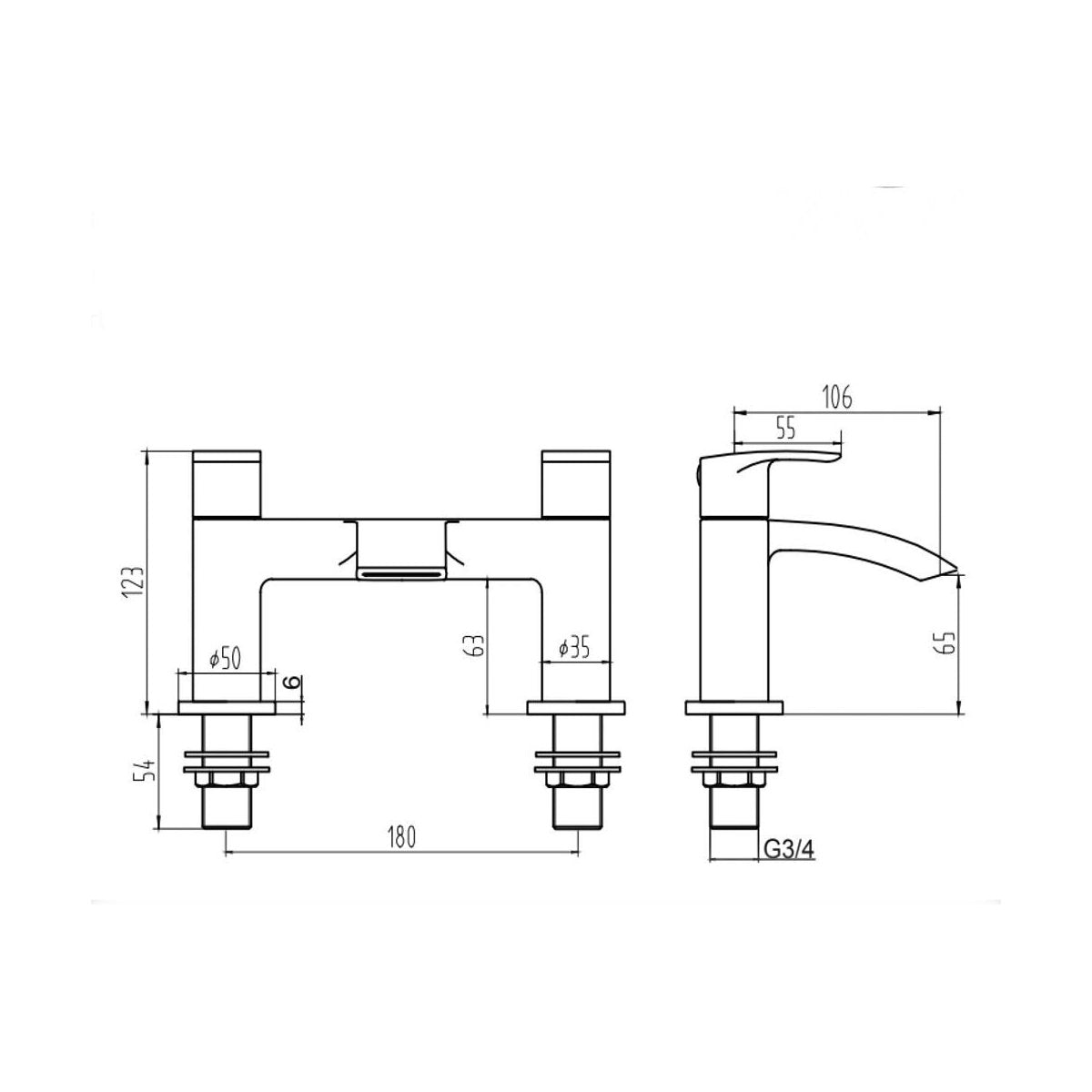 [BT9107] Modern Bathroom Curved Spout Deck Mounted Bath Filler Tap - Choice of Colour - Technical Drawing