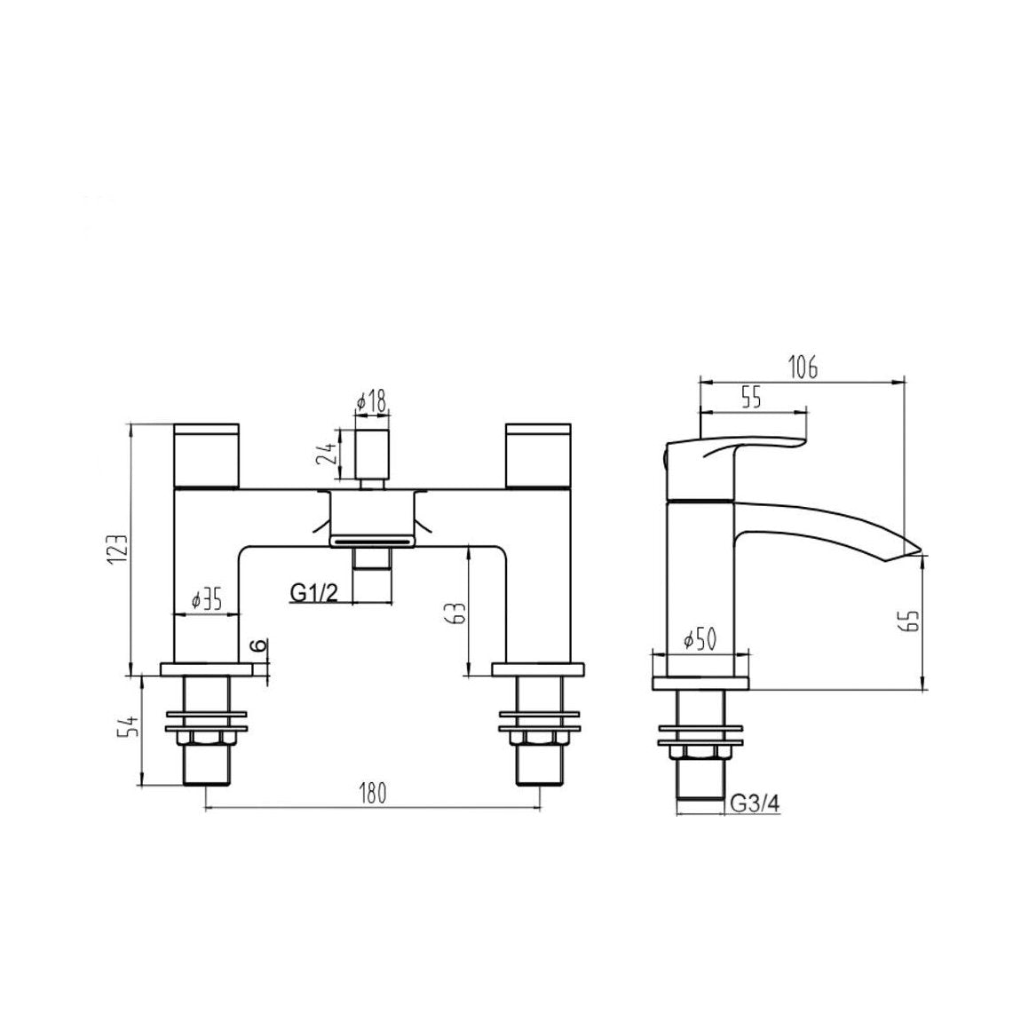 [BT9108BL] Modern Bathroom Curved Spout Deck Mounted Bath Shower Mixer Tap with Kit - Choice of Colour - Technical Drawing