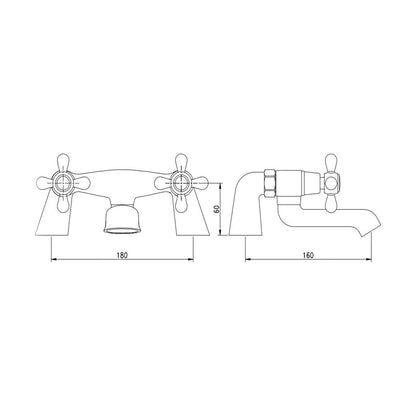 [BT9123] Traditional Bathroom Crosshead Handle Bath Filler Tap - Chrome - Technical Drawing