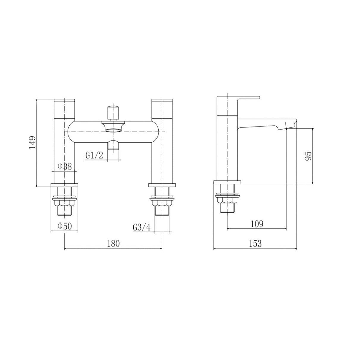 [BT9142BL] Contemporary Bathroom Deck Mounted Round Bath Shower Mixer Tap - Technical Drawing
