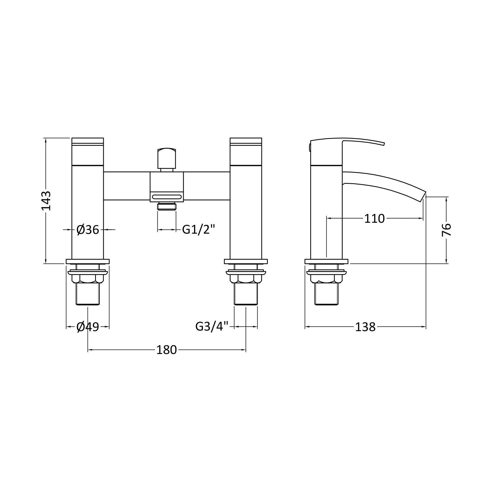 [BTAS304] Balterley Contemporary Square Dual Lever Deck Mounted Bath Shower Mixer Tap with Ceramic Disc Technology, 229 x 127 x 138mm Chrome - Technical Drawing