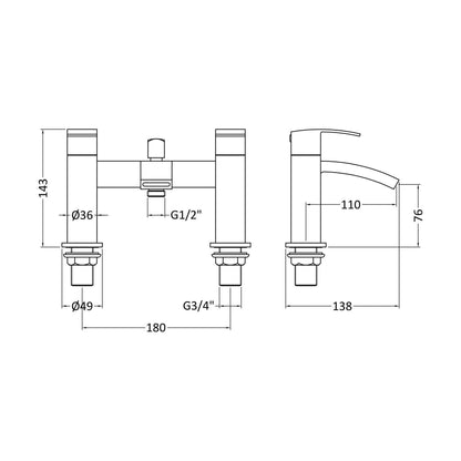 [BTAS304] Balterley Contemporary Square Dual Lever Deck Mounted Bath Shower Mixer Tap with Ceramic Disc Technology, 229 x 127 x 138mm Chrome - Technical Drawing