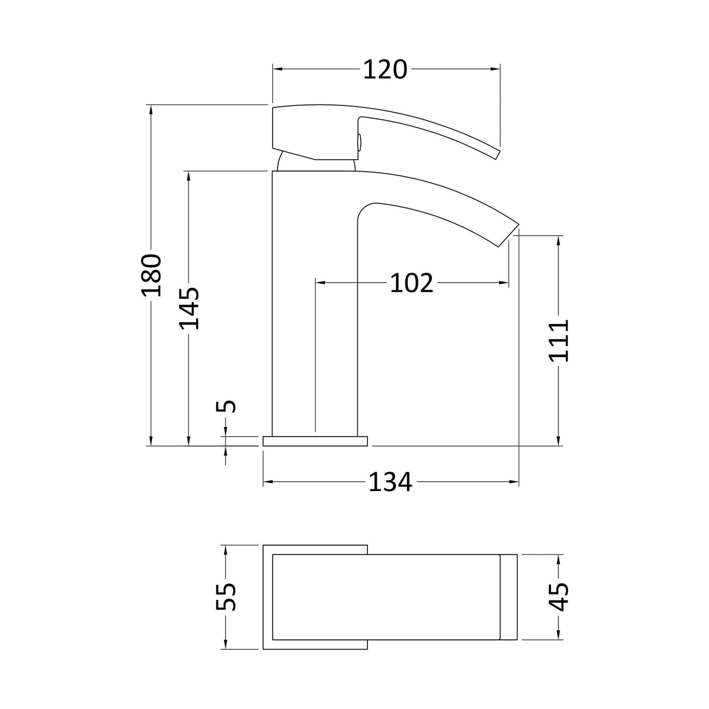 [BTAS305] Balterley Contemporary Square Single Lever Deck Mounted Mono Basin Mixer Tap with Push Button Waste, 180 x 55 x 134mm, Chrome - Technical Drawing