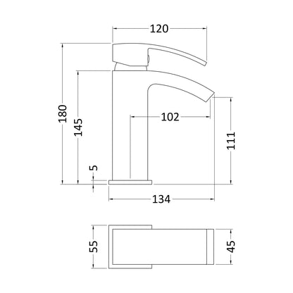 [BTAS305] Balterley Contemporary Square Single Lever Deck Mounted Mono Basin Mixer Tap with Push Button Waste, 180 x 55 x 134mm, Chrome - Technical Drawing