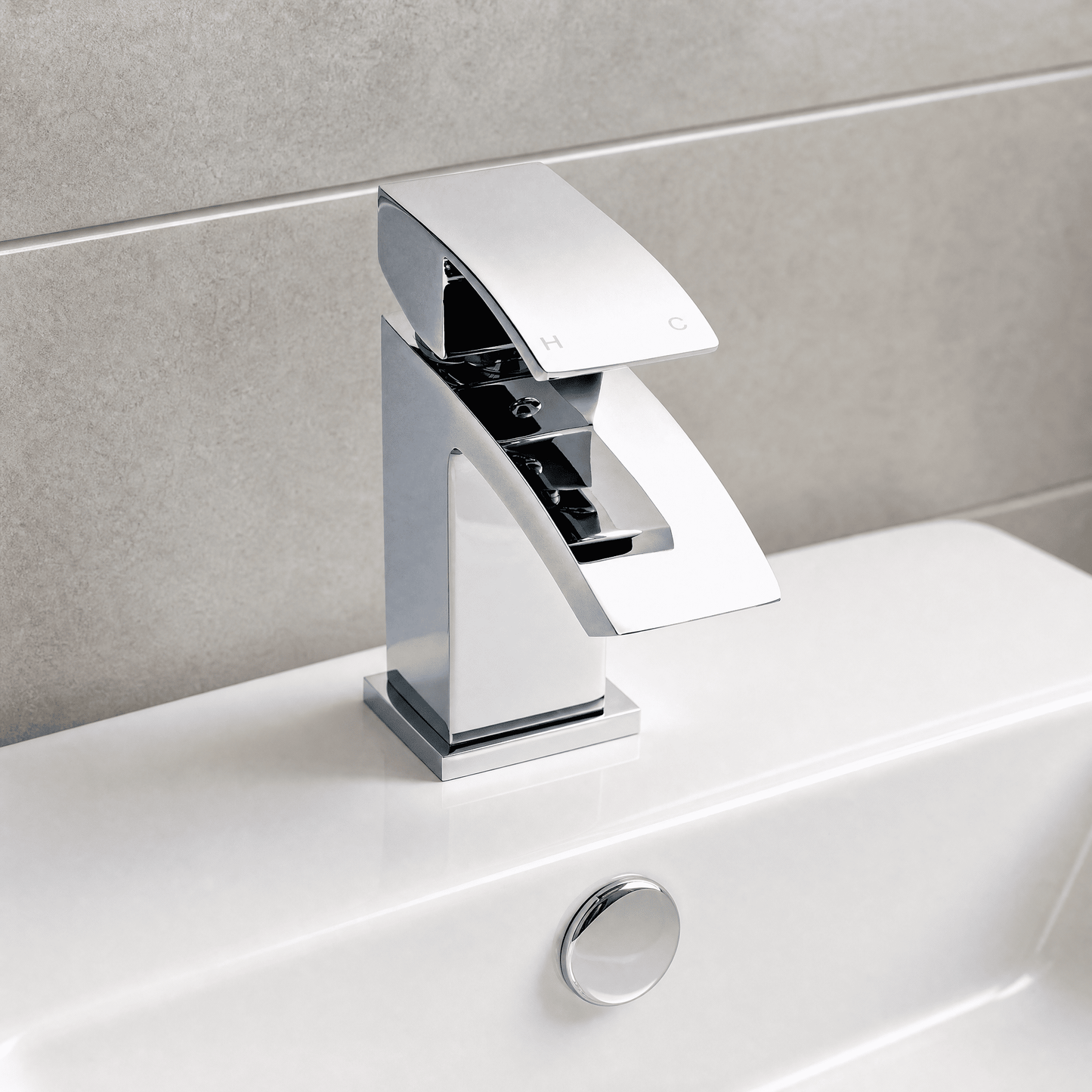 [BTAS305] Balterley Contemporary Square Single Lever Deck Mounted Mono Basin Mixer Tap with Push Button Waste, 180 x 55 x 134mm, Chrome - Silo