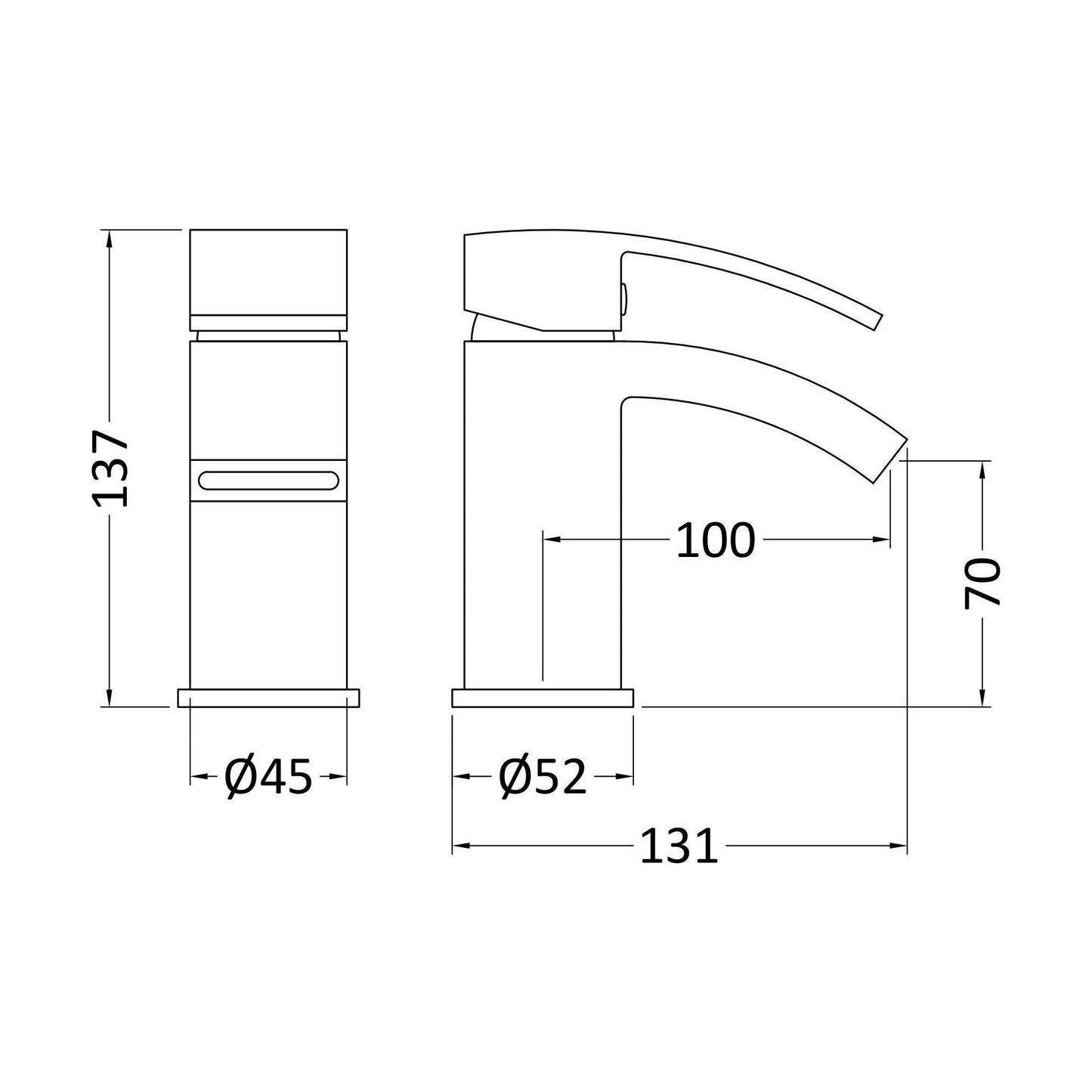 [BTAS315] Balterley Contemporary Square Single Lever Deck Mounted Mono Basin Mixer Tap with Push Button Waste, Chrome, 48 x 131 x 137mm - Technical Drawing
