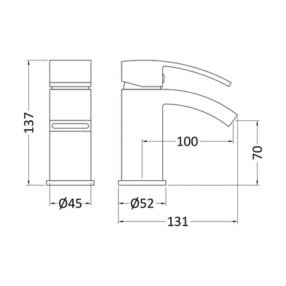 [BTAS315] Balterley Contemporary Square Single Lever Deck Mounted Mono Basin Mixer Tap with Push Button Waste, Chrome, 48 x 131 x 137mm - Technical Drawing