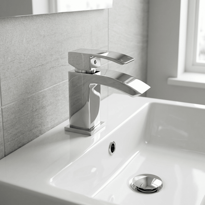 [BTAS315] Balterley Contemporary Square Single Lever Deck Mounted Mono Basin Mixer Tap with Push Button Waste, Chrome, 48 x 131 x 137mm - Silo