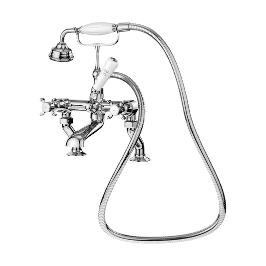 [BTBA304DX] Traditional Deck Mounted Crosshead Bath Shower Mixer Tap with Shower Kit - Chrome/White - Cutout