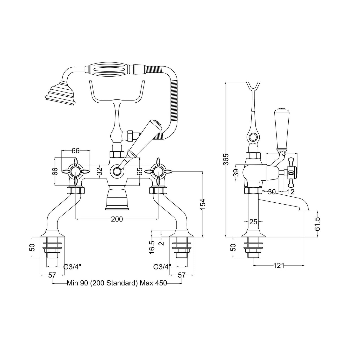 [BTBA304DX] Traditional Deck Mounted Crosshead Bath Shower Mixer Tap with Shower Kit - Chrome/White - Technical Drawing