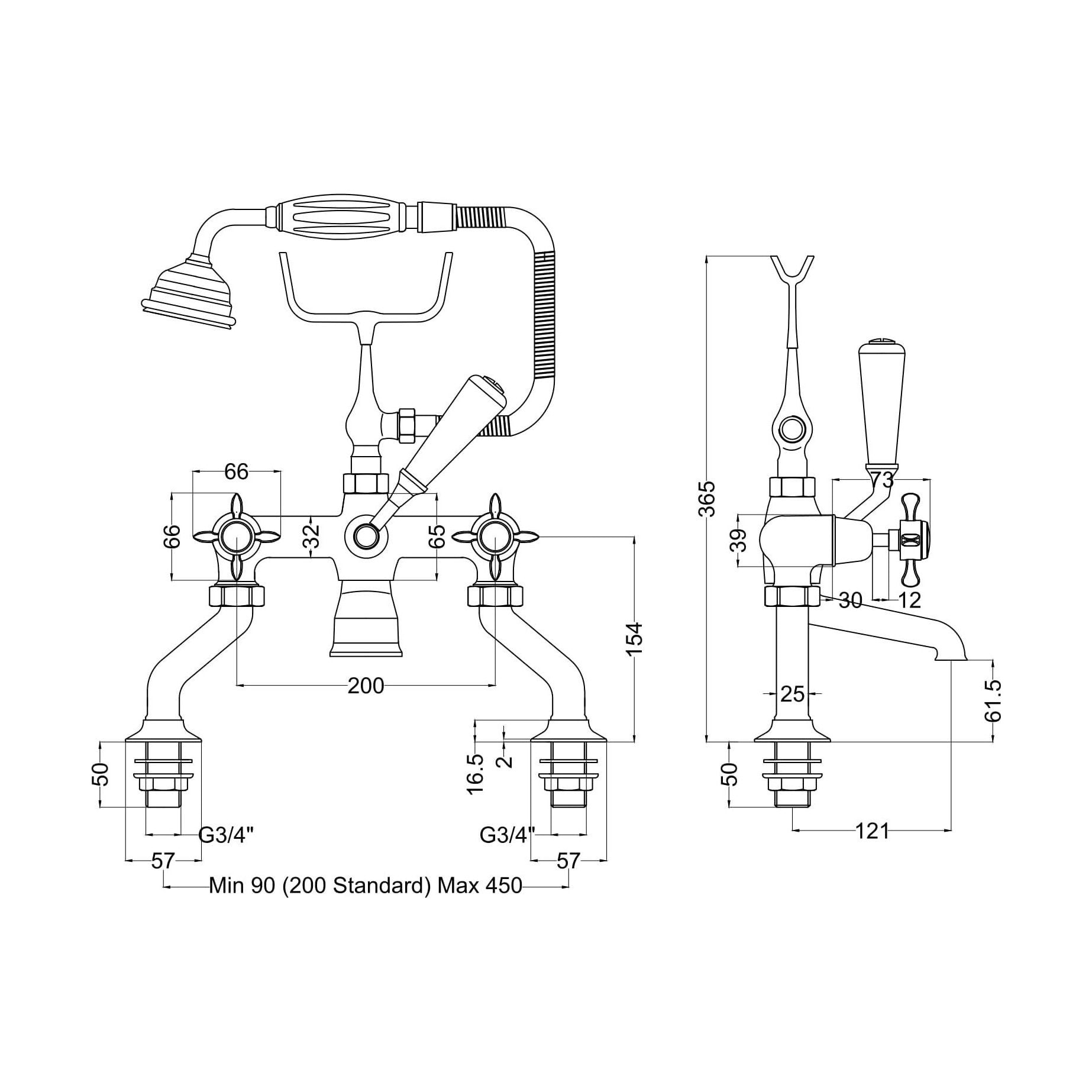 [BTBA304DX] Traditional Deck Mounted Crosshead Bath Shower Mixer Tap with Shower Kit - Chrome/White - Technical Drawing