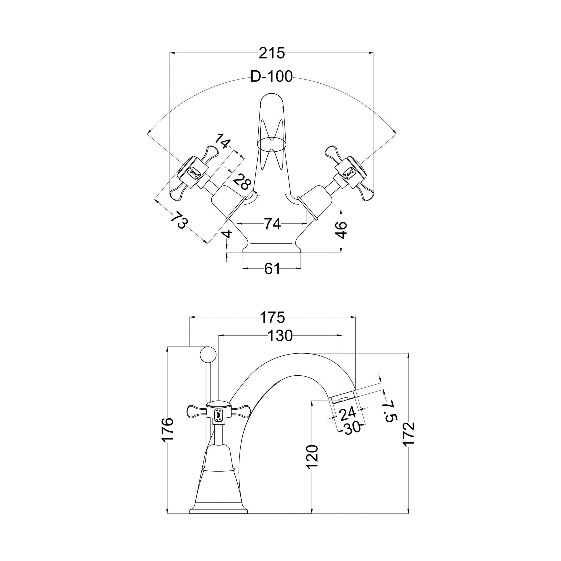 [BTBA305DX] Traditional Crosshead Mono Basin Mixer Tap - Chrome - Technical Drawing