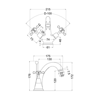 [BTBA305DX] Traditional Crosshead Mono Basin Mixer Tap - Chrome - Technical Drawing