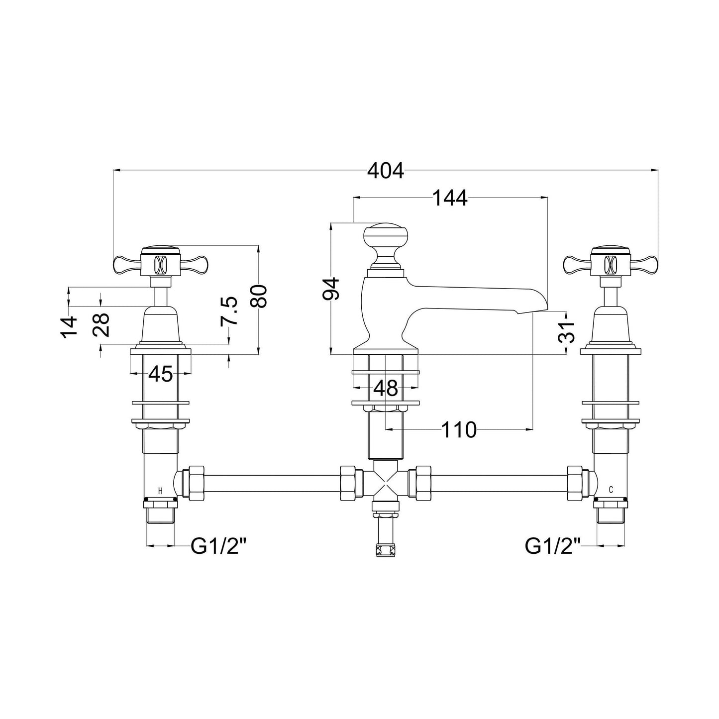 [BTBA307DX] Traditional Crosshead 3 Tap Hole Basin Mixer Tap - Chrome - Technical Drawing