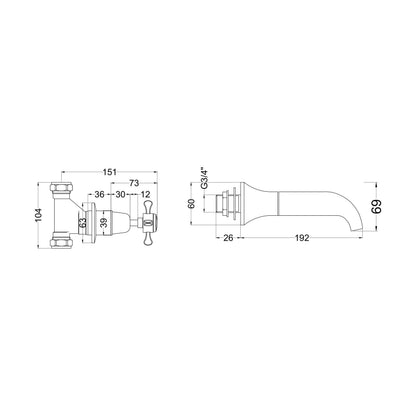 [BTBA309DX] 3 Tap Hole Wall Mounted Crosshead Handle Bath Filler Tap - Chrome - Technical Drawing