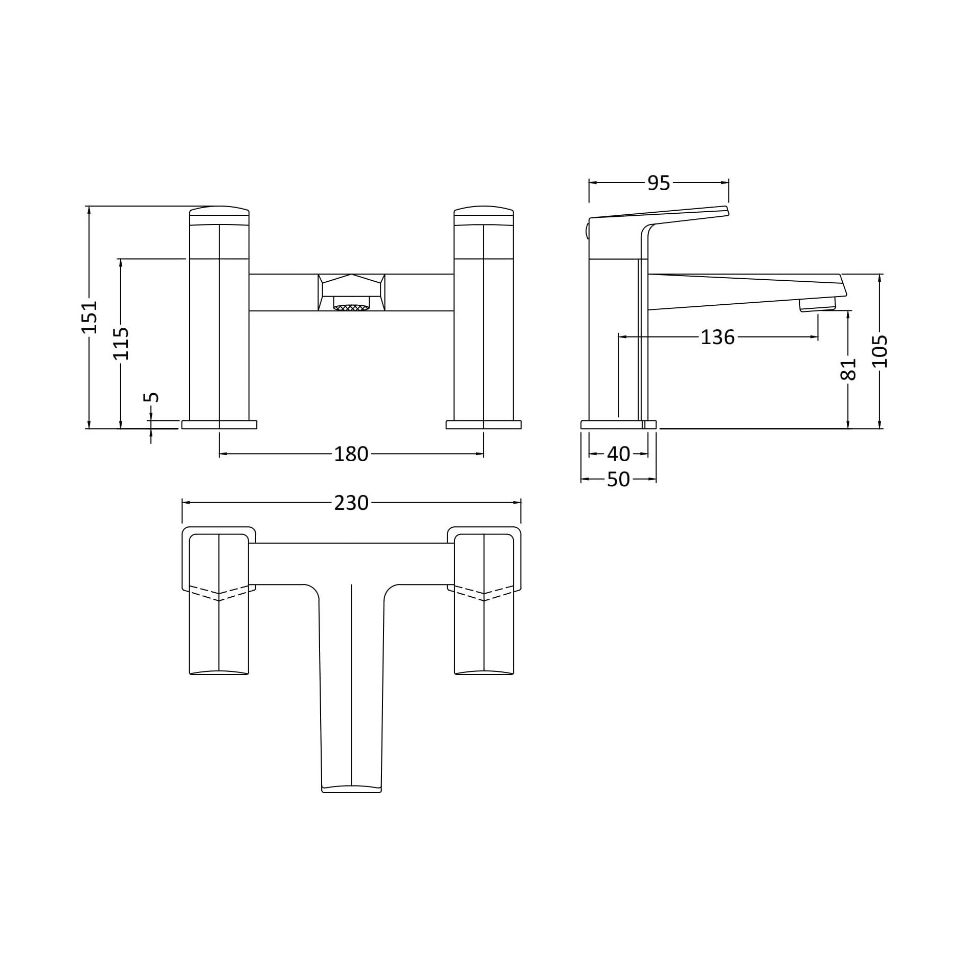 [BTBO303] Balterley Luxury Square Deck Mounted Bath Filler Tap, Dual Lever Mixer with Waterfall Spout - Chrome Finish - Technical Drawing