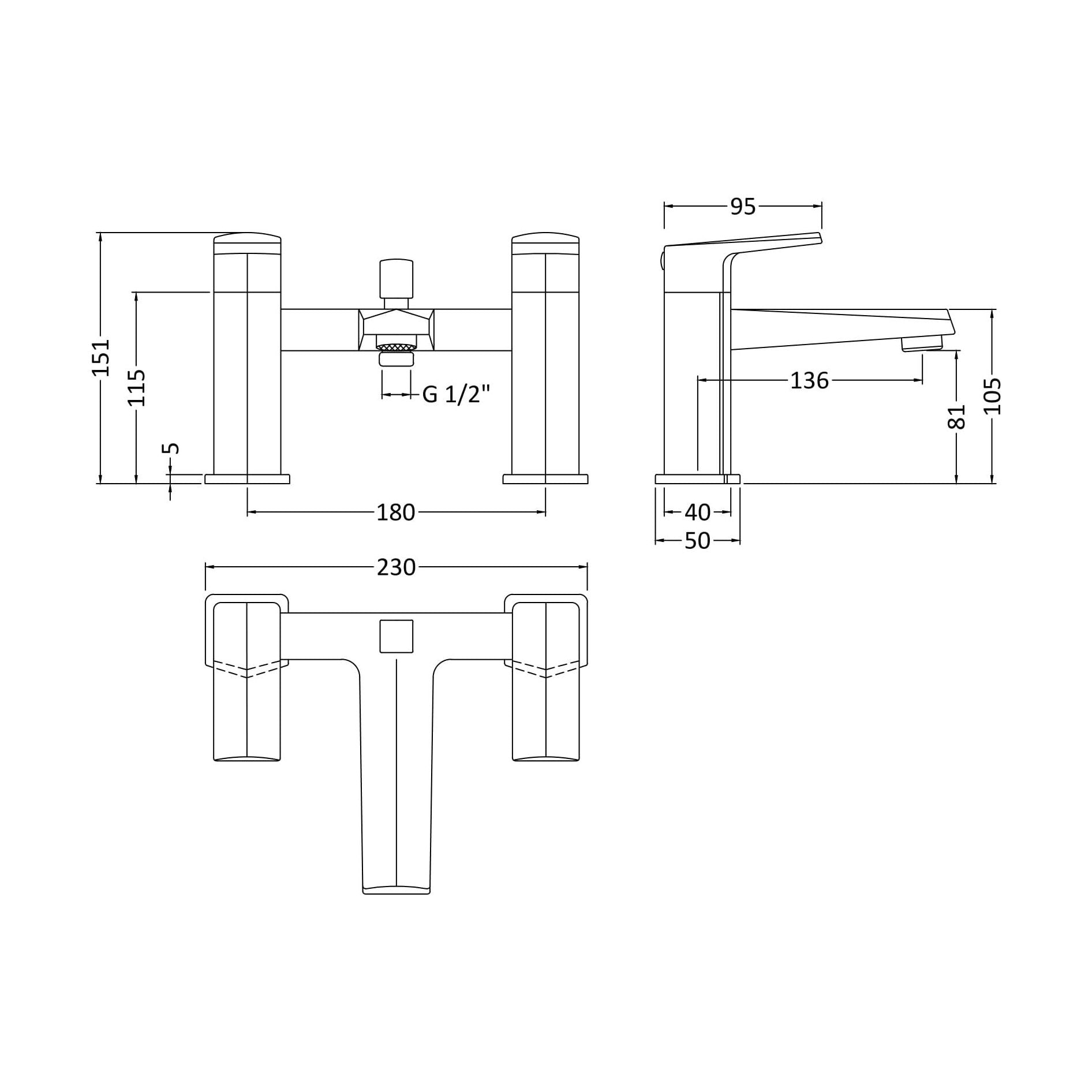 [BTBO304] Balterley Deck Mounted Square Bath Shower Mixer Tap with Kit, Dual Lever Waterfall Spout - Chrome Finish - Technical Drawing