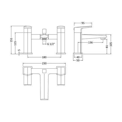 [BTBO304] Balterley Deck Mounted Square Bath Shower Mixer Tap with Kit, Dual Lever Waterfall Spout - Chrome Finish - Technical Drawing