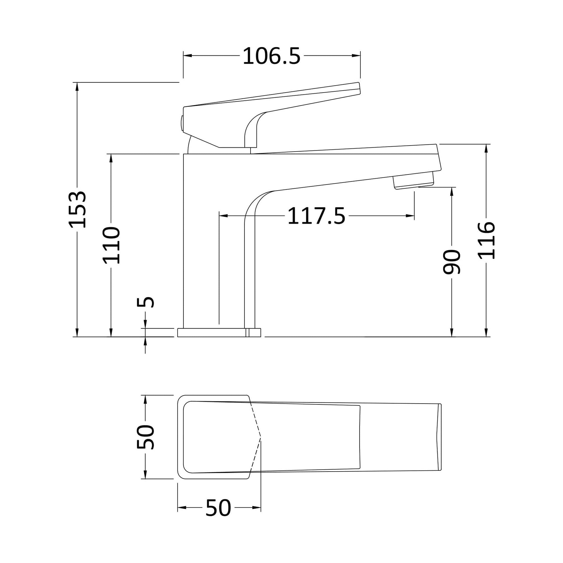 [BTBO305] Balterley Square Mono Basin Mixer Tap & Push Button Waste, Single Lever with Ceramic Disc - Chrome Finish - Technical Drawing