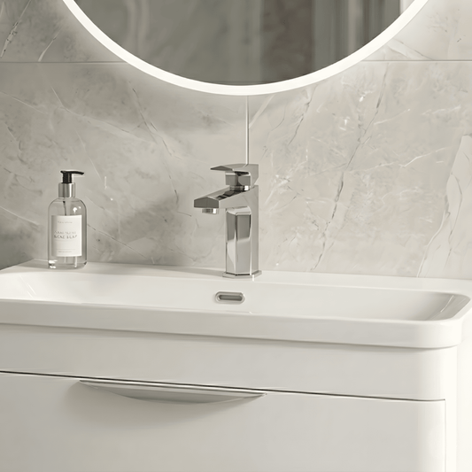 [BTBO305] Swynfen Square Mono Basin Mixer Tap & Push Button Waste, Single Lever with Ceramic Disc - Chrome Finish - Silo
