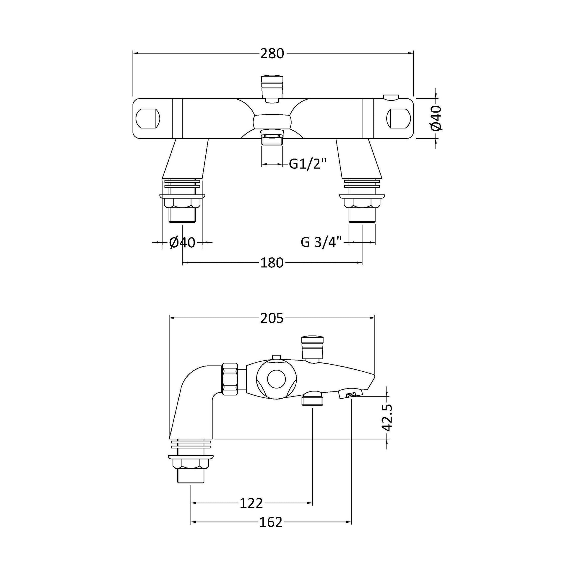 [BTBSM324] Chrome Thermostatic Deck Mounted Bath Shower Mixer Bar Valve Tap - Technical Drawing