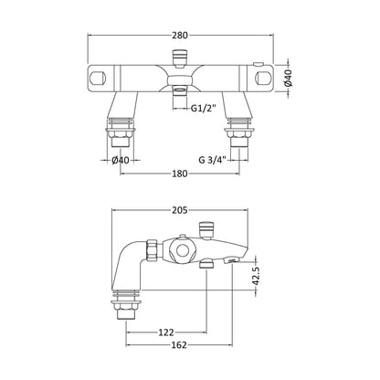 [BTBSM324] Chrome Thermostatic Deck Mounted Bath Shower Mixer Bar Valve Tap - Technical Drawing