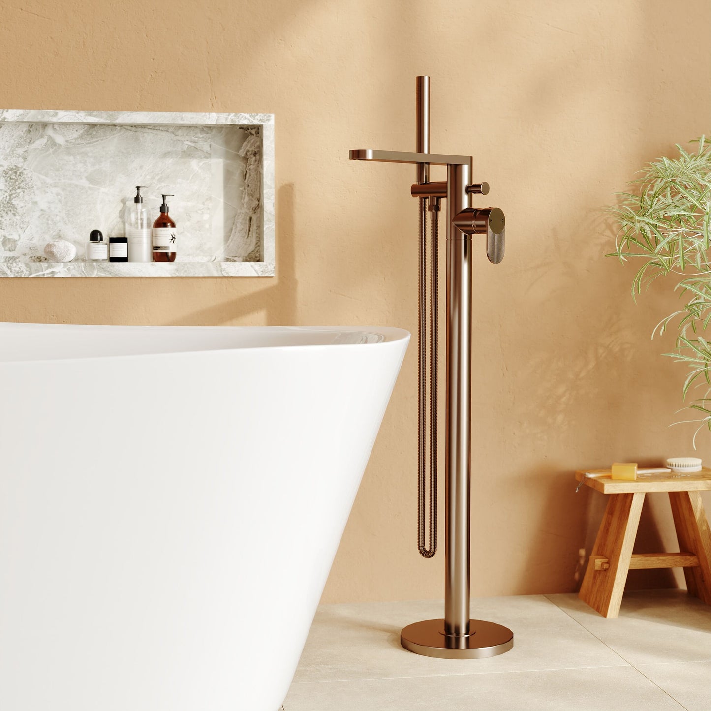 [BTC1521F] Modern Freestanding Round Bath Shower Mixer Tap with Fluted Lever Handle and Kit -  Brushed Bronze - Lifestyle 1