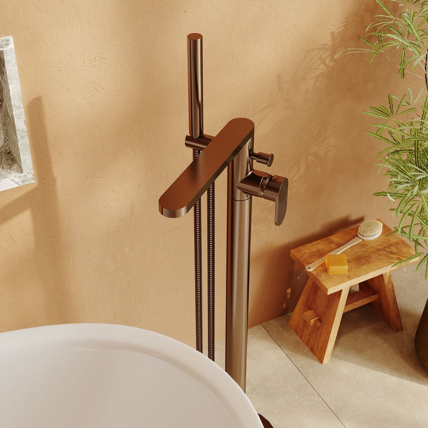[BTC1521F] Modern Freestanding Round Bath Shower Mixer Tap with Fluted Lever Handle and Kit -  Brushed Bronze - Lifestyle 3